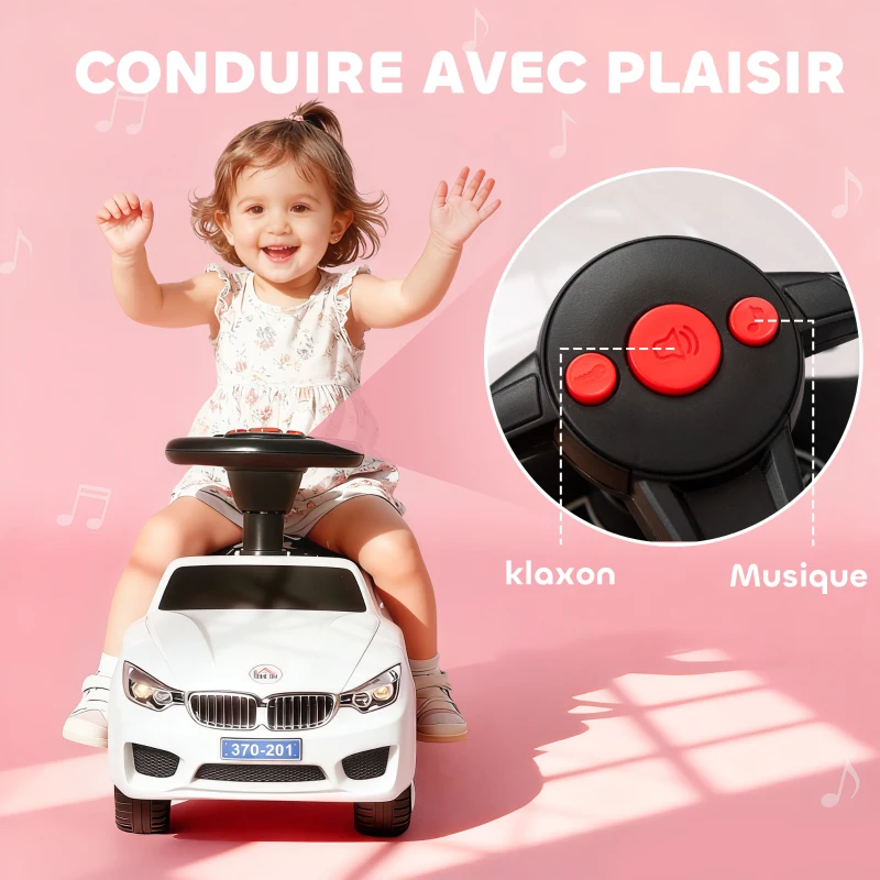 HOMCOM Porteur enfants voiture, véhicule à pousser avec coffre à jouets, klaxon, phares et musique, 63,5 x 28 x 36 cm, blanc