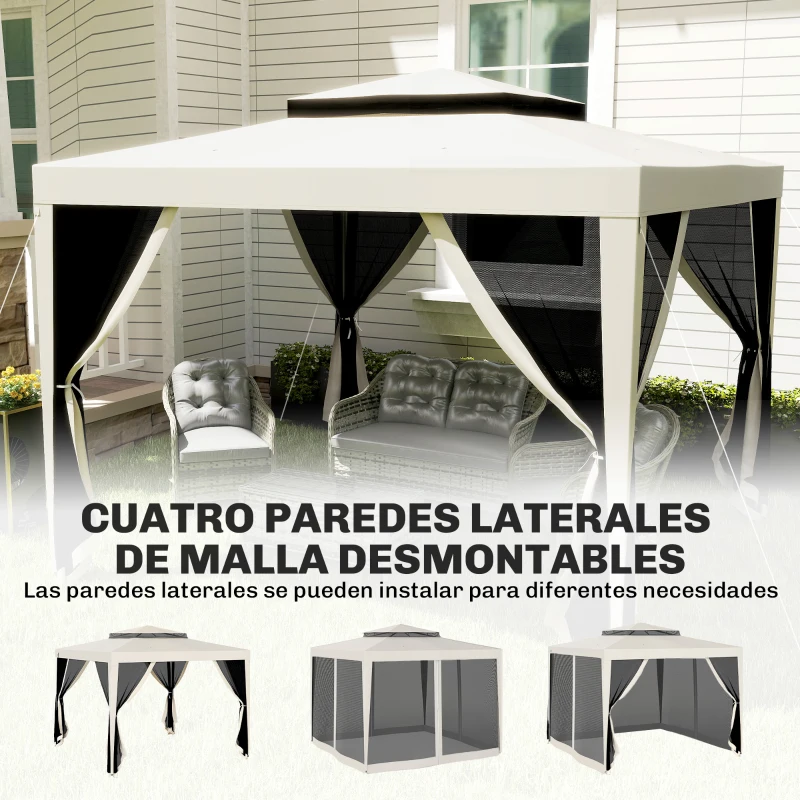 Outsunny Carpa de Jardín 3x3 m Cenador Gazebo con 4 Mosquiteras Laterales Techo Doble 8 Orificios de Drenaje Marco de Metal Crema