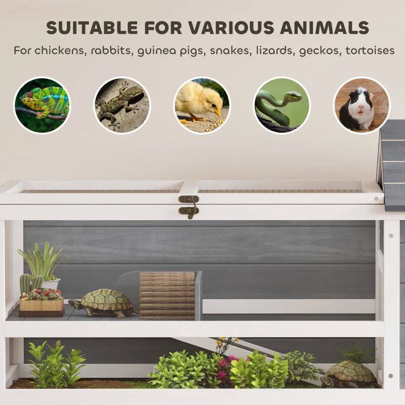 PawHut Casa para Tortugas de Madera con Soporte para Lámpara Ajustable Techos Abatibles Bandeja Extraíble y Estante Inferior