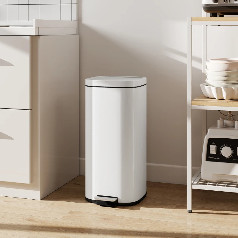 HOMCOM 30L Kitchen Bin, Compact Pedal Bin with Soft-Close and Stay-Open Lid, Removable Bucket for Kitchen, Home, Office, Cream