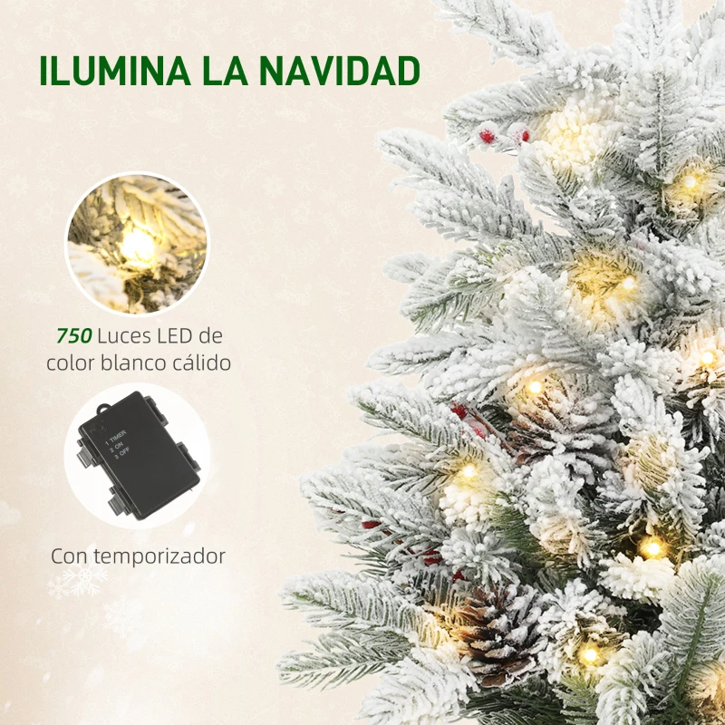 HOMCOM Mini Árbol de Navidad Artificial 60 cm con 35 Luces LED 182 Ramas Densas con Nieve Adornos y Base de Arpillera Verde