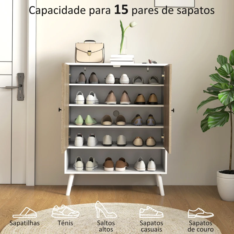 HOMCOM Sapateira com Desenho em Espiga Prateleiras Ajustáveis Compartimento Aberto para 15 Pares de Sapatos 75x35x97 cm Branco e Madeira
