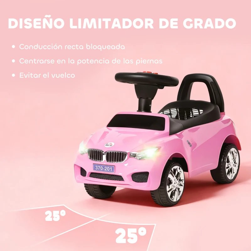 HOMCOM Coche Correpasillos para Niños de 18-36 Meses con Faros Música Bocina Volante Espacio de Almacenaje y Asa Rosa