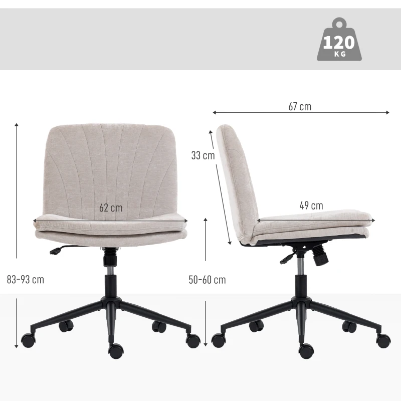 HOMCOM Silla de Oficina con Asiento Ancho sin Reposabrazos Ruedas Altura Ajustable Giratoria Función Basculante Beige