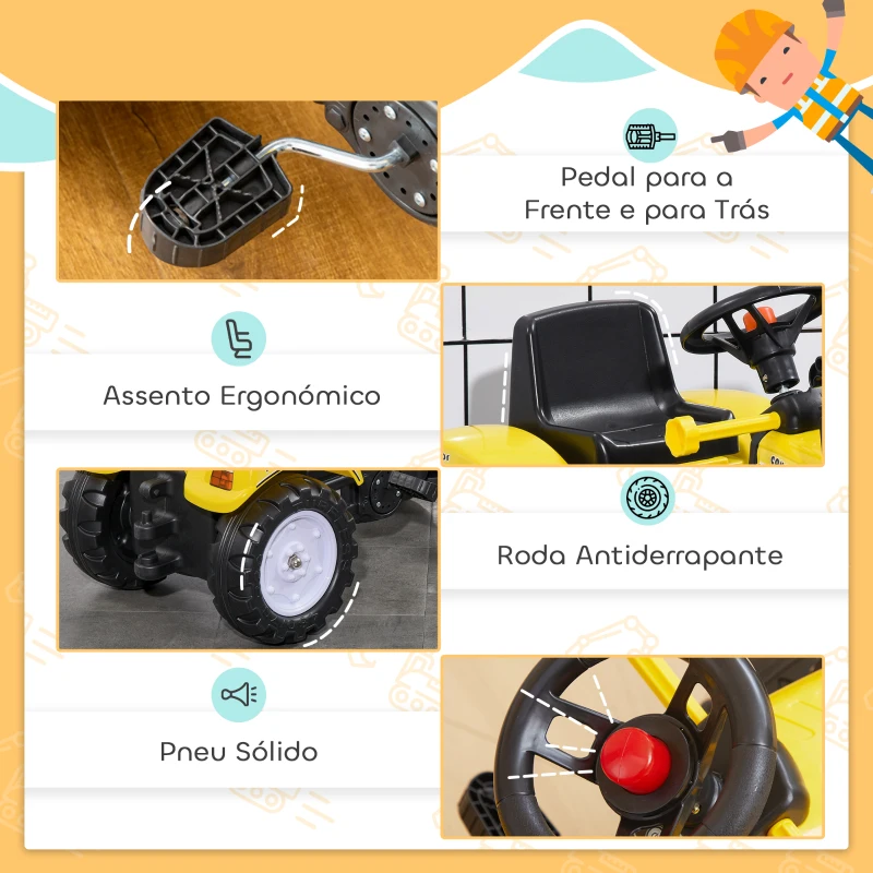 HOMCOM Trator a Pedal para Crianças acima de 3 Anos Trator Escavadora Infantil com Pá Dianteira 114x41x52 cm Amarelo e Preto