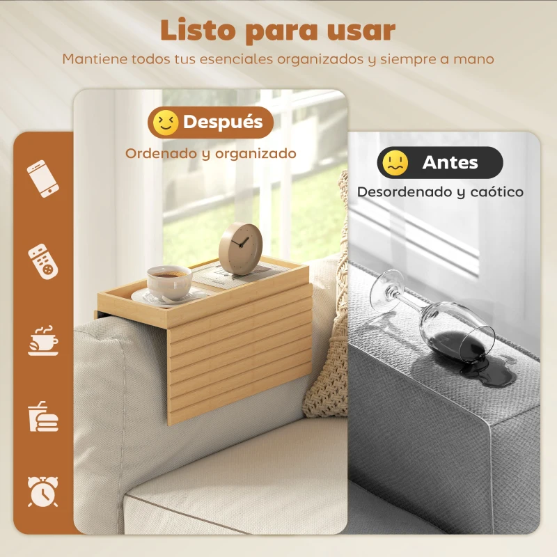 HOMCOM Bandeja de Brazo para Sofá de Bambú Plegable y Flexible con Base Antideslizante para Aperitivos Teléfonos y Bebidas