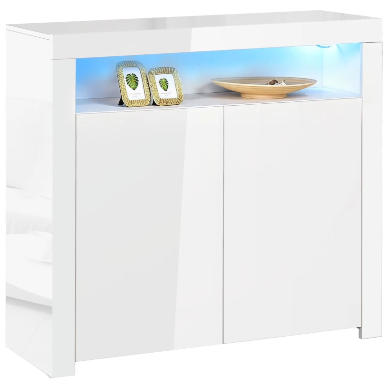 HOMCOM LED Storage Cabinet, Cupboard with High Gloss Front and RGB Lighting, Modern Sideboard for Entryway, Dining Area, Living Room, White
