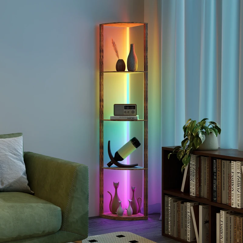 HOMCOM RGB LED Floor Lamp with Shelves, 5-Tier Dimmable Standing Lamp with Adjustable Brightness and Remote Control, Modern Corner Display Shelf Unit for Living Room Bedroom Office, Rustic Brown