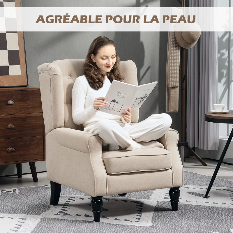 HOMCOM Fauteuil de salon capitonné avec assise large, pieds en bois, style classique, grand confort, 74 x 87 x 102 cm, beige
