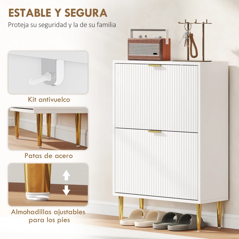 HOMCOM Zapatero Estrecho con 2 Puertas Acanaladas con Estantes Ajustables para 12 Pares de Zapatos 60x24x91,5 cm Blanco