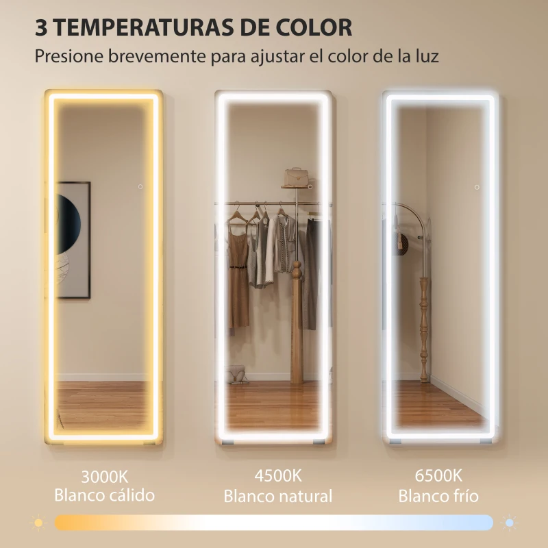 HOMCOM Espejo de Pie Cuerpo Entero con Luces 150x50 cm sin Marco 3 Temperaturas de Color Brillo Ajustable Transparente
