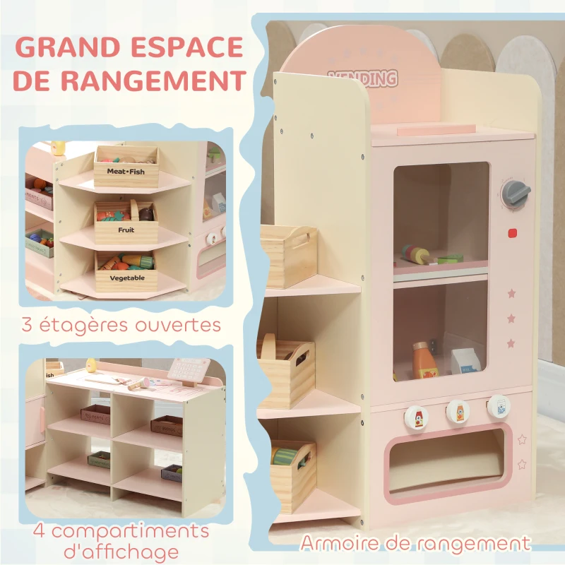 AIYAPLAY Supermarché pour enfant, marchande en bois, caisse enregistreuse, distributeur et accessoires, 90,7x60x73,8cm, vert