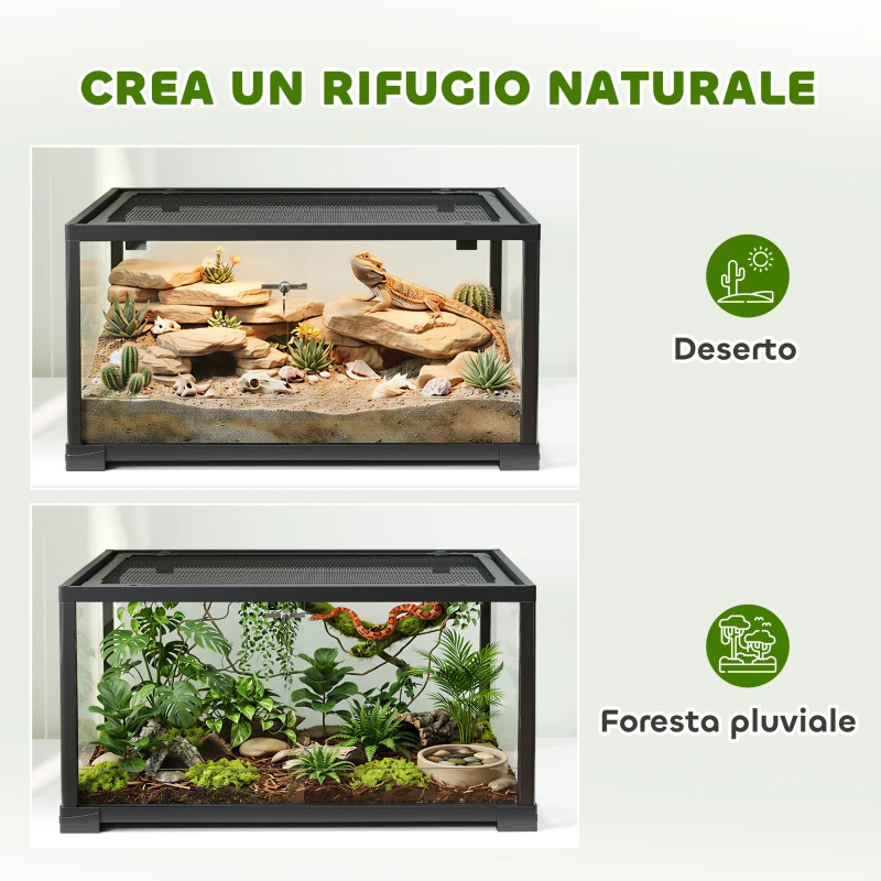 PawHut Rettilario Rialzato con Doppia Serratura e Pareti in Vetro, 60x45x32 cm, Nero