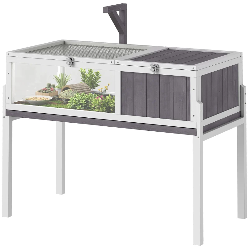 PawHut Casa para Tortugas de Madera con Techo de Malla Bandeja Extraíble y Soporte para Lámpara 104x53x82 cm Gris y Blanco