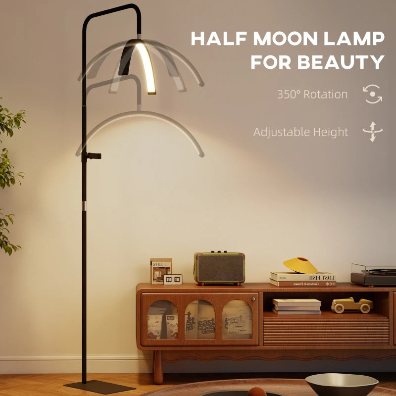 HOMCOM Half Moon Lash Light, Beauty Floor Lamp with 350° Rotatable Head, 7 Colour Temperature and Phone Holder, Dimmable Standing Lamp for Eyelash Extension, Tattoo, Nails, Skincare, Black