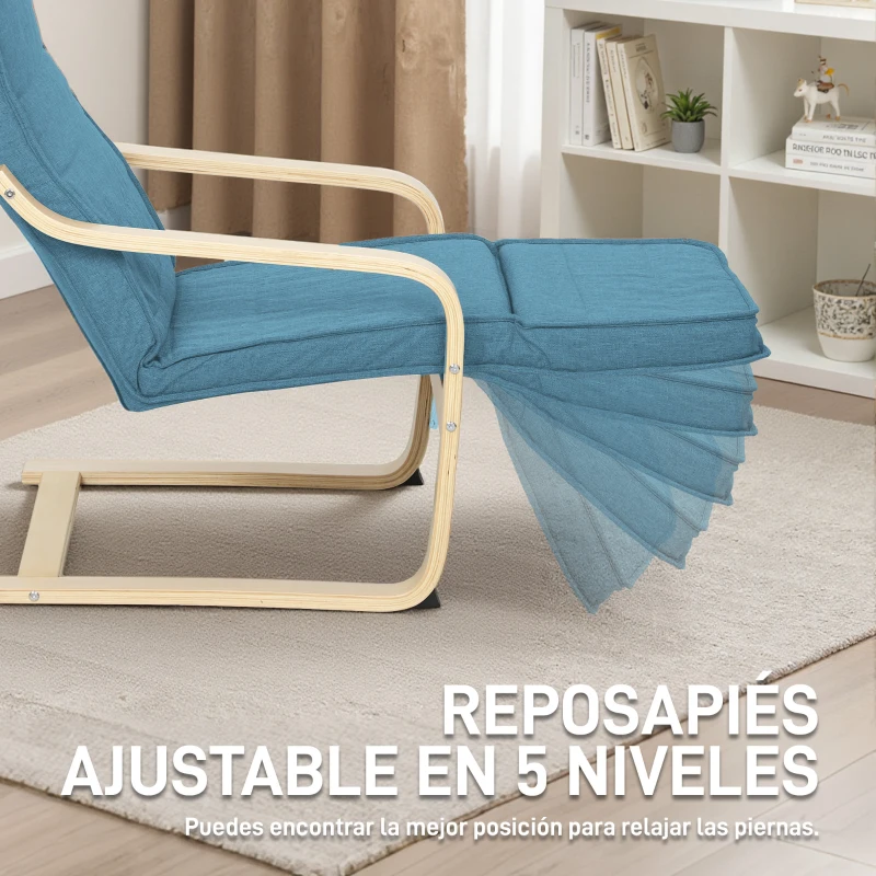 HOMCOM Sillón de Salón con Reposapiés Ajustable Butaca Tapizada en Lino Sintético para Oficina Dormitorio 66,5x94x100cm Azul