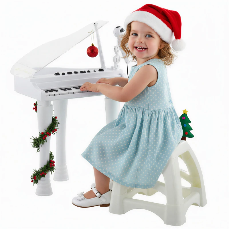 AIYAPLAY Piano enfant électronique 32 touches multifonctions avec micro haut parleur tabouret couvercle lumineux LED blanc