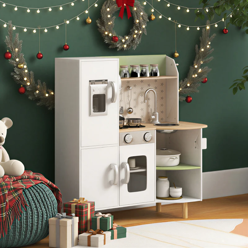 AIYAPLAY Toy Kitchen, Kids Play Kitchen, Role Playing Game with Phone, Ice Maker, Stove, Utensils, for 3-6 Years, White