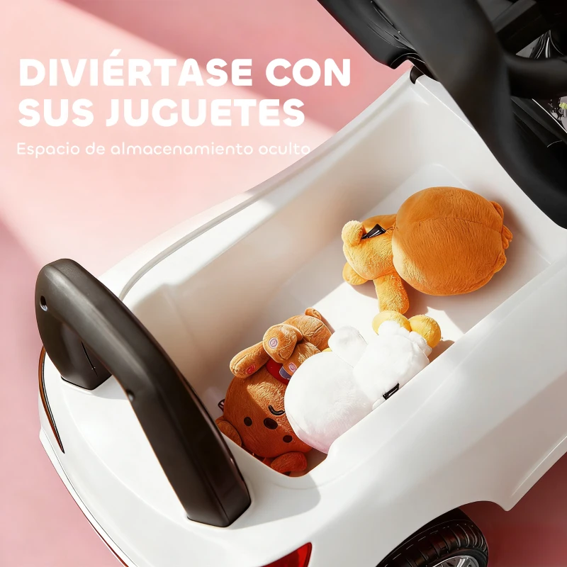HOMCOM Coche Correpasillos para Niños de 18-36 Meses con Faros Música Bocina Volante Espacio de Almacenaje y Asa Blanco(m-6)