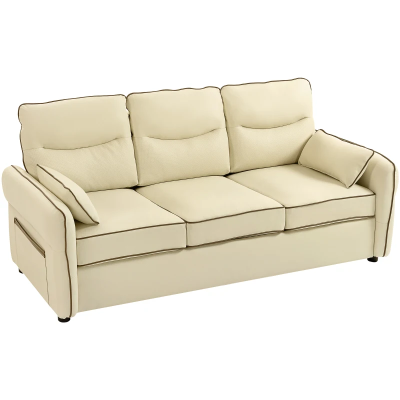HOMCOM 3-Sitzer-Sofa aus Kunstleder mit dicker Polsterung, Seitentasche und 2 Kissen, 190x83x90 cm, Beige