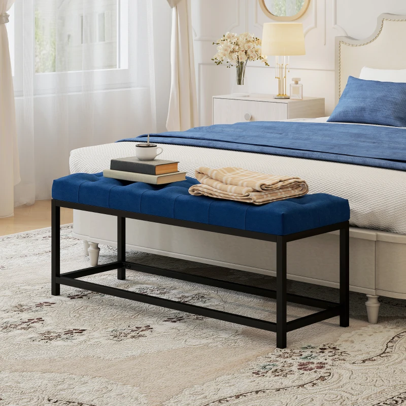 HOMCOM Banco Pie de Cama Tapizado en Terciopelo Diseño Capitoné Base de Metal para Dormitorio Entrada Salón Azul Oscuro