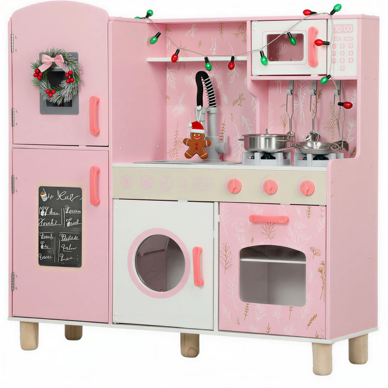 AIYAPLAY Play Kitchen, Kids Kitchen Set with Lights and Sounds, Double Stoves, Ice Maker, Chalkboard for 3+ Years, Pink