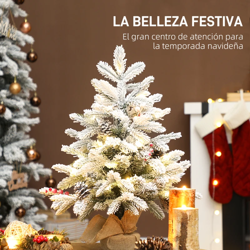 HOMCOM Mini Árbol de Navidad Artificial 60 cm con 35 Luces LED 182 Ramas Densas con Nieve Adornos y Base de Arpillera Verde