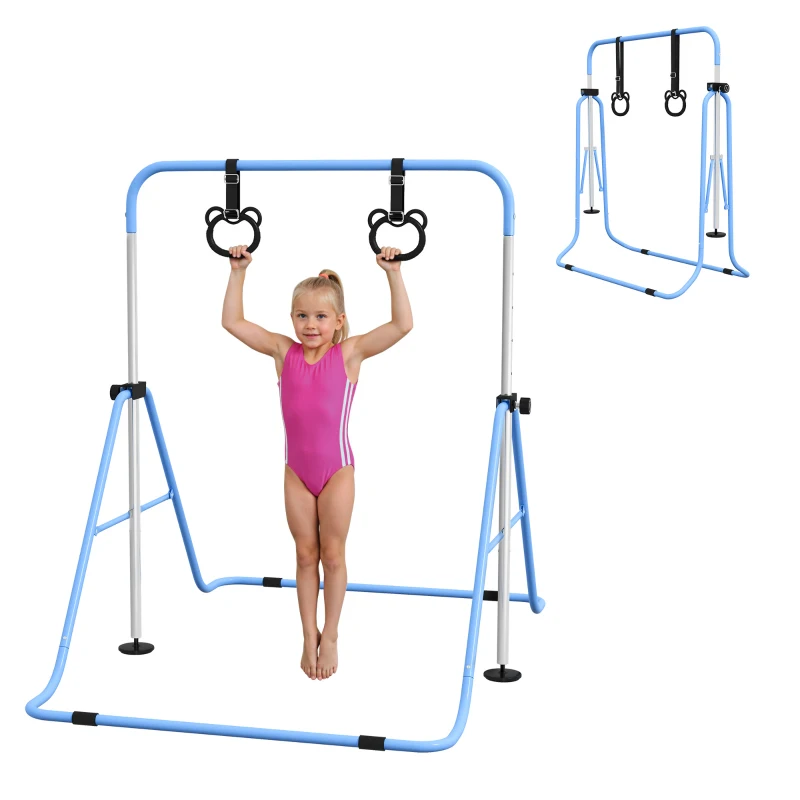 HOMCOM Barre de gymnastique pour enfants, barre horizontale pliable à hauteur réglable avec anneaux de gymnastique, bleu