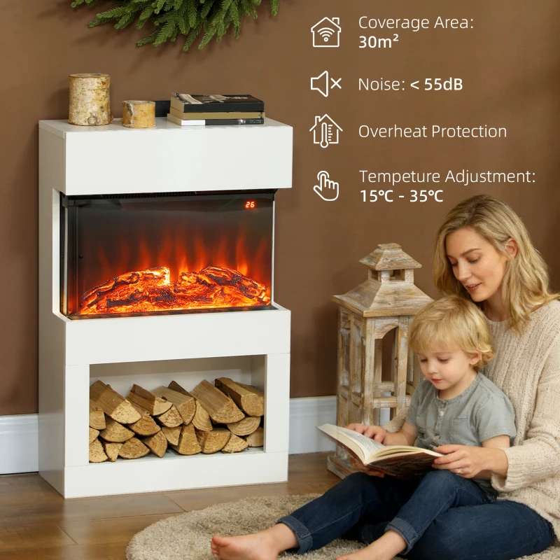 HOMCOM 19" Electric Fireplace with Surround, 3D Flame Effect, 6 Colours & 3 Brightness Levels, 1000W/2000W White Electric Fire and Mantel Reach up to 30㎡ Space with Remote & Timer, 3 Sided View