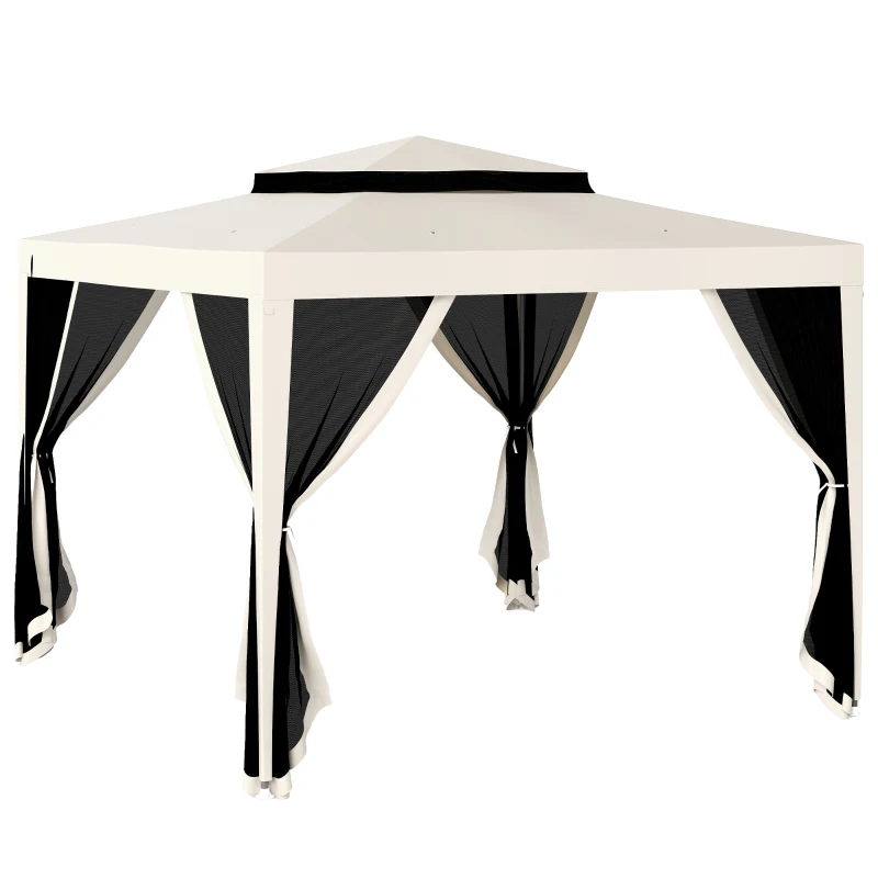 Outsunny Gazebo da Giardino 3x3 m con Zanzariera, Doppio Tetto e 8 Fori, in Acciaio e Poliestere Bianco Crema