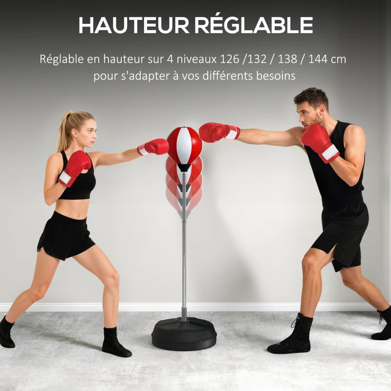 HOMCOM Sac de Frappe sur Pied Punching ball sur pied réglable en hauteur 126-144 cm avec gants, pompe et base de lestage