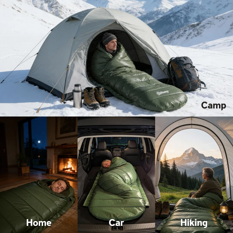 Outsunny Śpiwór kocowy do kempingu 3-4 pory roku dla dorosłych, składany, z torbą transportową, Małe wymiary pakowania, Śpiwór outdoor, Taft, Zielony