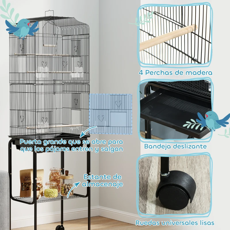 PawHut Jaula para Pájaros con Soporte Jaula Metálica con Ruedas Bandeja Extraíble y Estante 46,5x36x157 cm Negro
