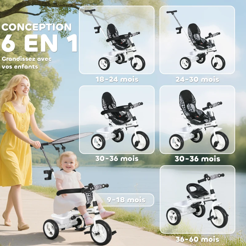 HOMCOM Tricycle Enfants Pare-Soleil Pliable Canne Amovible Benne Rangement 105 x 47 x 98 cm Acier Blanc et Noir