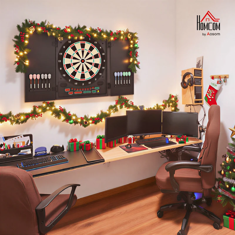 HOMCOM Diana Electrónica Digital hasta 8 Jugadores con 12 Dardos y 30 Puntas con Pantalla LED Puertas 27 Juegos Distintos y 202 Variantes 51x6,5x57 cm Negro