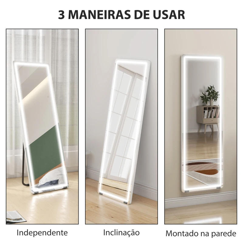 HOMCOM Espelho de Corpo Inteiro com Luzes 150x50 cm Sem Moldura 3 Temperaturas de Cor Brilho Ajustável Transparente