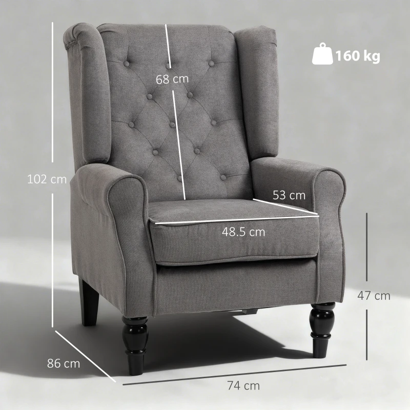 HOMCOM Retro Accent Chair, Linen Wingback Armchair with Wood Frame Button Tufted Design for Living Room Bedroom, Dark Grey