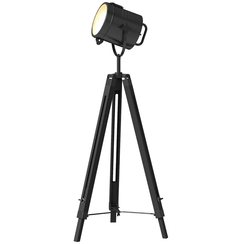 HOMCOM Industrial Tripod Floor Lamp, Nautical Searchlight with Adjustable Height, Wood Legs, E14 Lamp Base for Living Room, Bedroom, Black