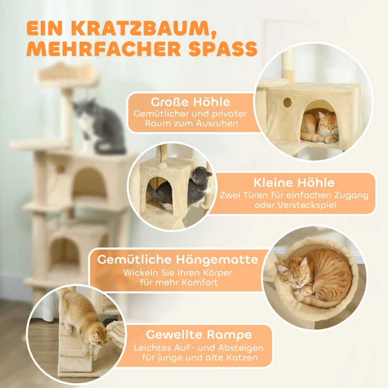PawHut Kratzbaum 140 cm Katzenturm mit Hängematte, Leiter, Höhle, 2 Plüschballen, Sisalstämme, 48 x 48 x 140 cm, Beige