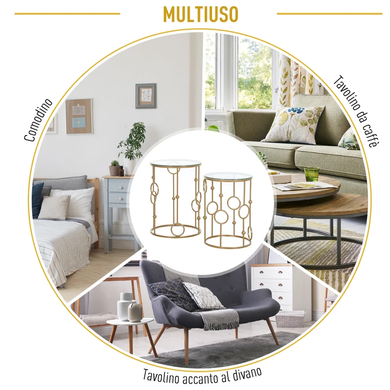 Homcom Set Masute Cafea – 2 Piese din Sticla & Metal, Design Modern