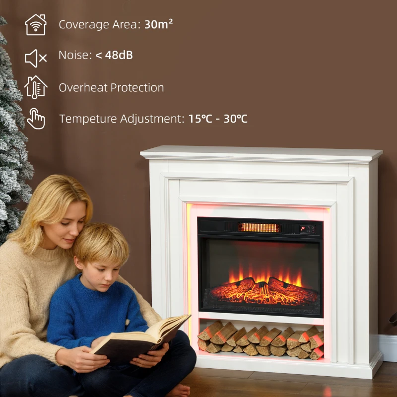 HOMCOM Electric Fireplace with Surround, LED Lights, 38" 1800W Inset Electric Fire and Mantel Reach up to 30 m² with Realistic Flame Effect & 3 Brightness, Remote & Timer for Living Room, White