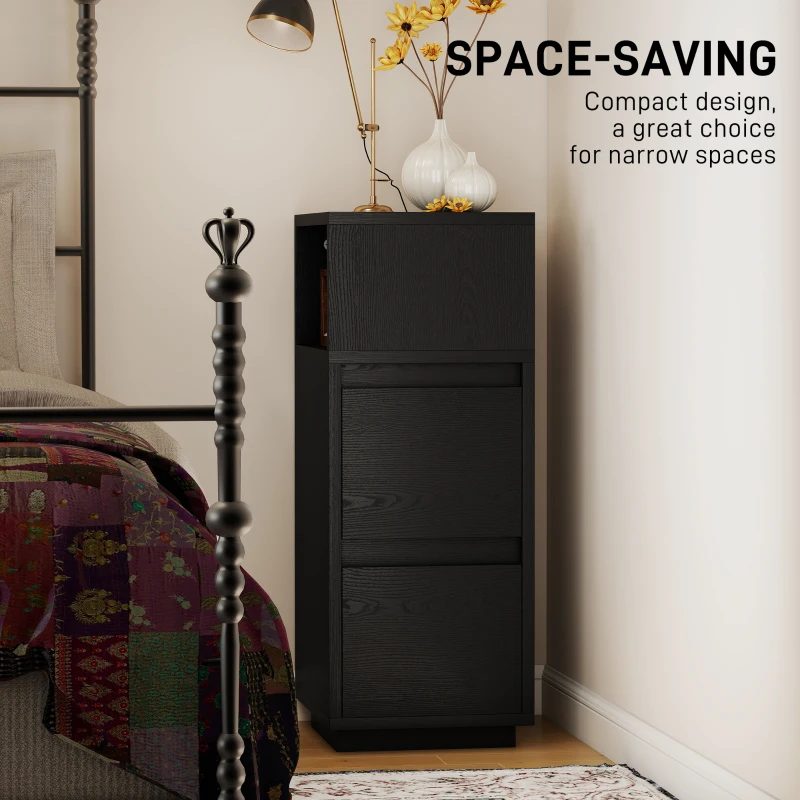 HOMCOM Slim Bedside Table, Narrow Bedside Cabinet with Open Shelf and 2 Drawers for Bedroom, Living Room, Black