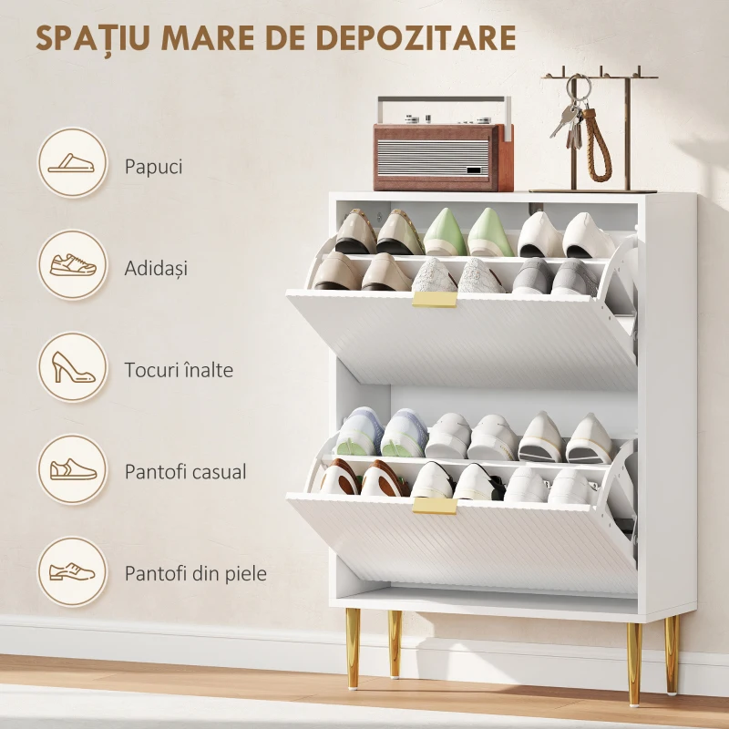 HOMCOM Dulap pentru pantofi pentru 12 perechi de pantofi cu 2 sertare rabatabile, Alb