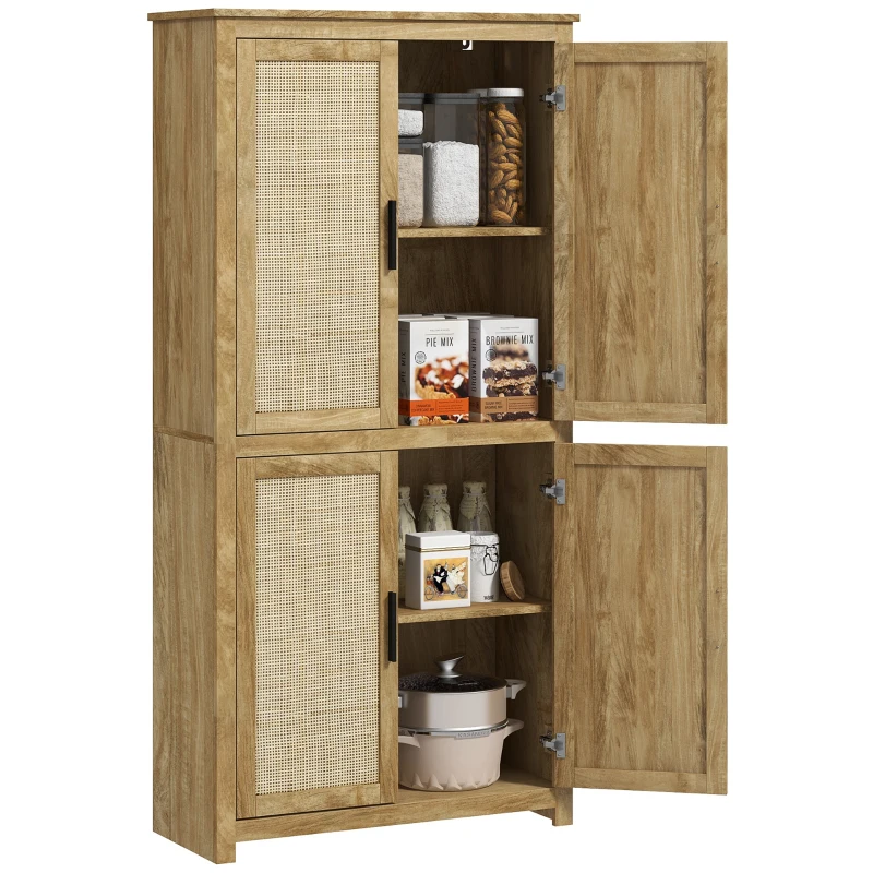 HOMCOM Alacena de Cocina con 4 Puertas de Ratán y Estantes Ajustables Estilo Bohemio Natural 80x33x162,6 cm