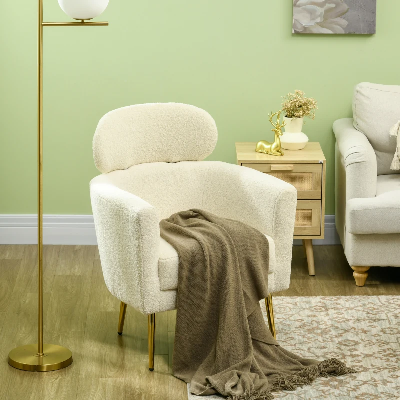 HOMCOM Fauteuil salon avec appuie-tête amovible, fauteuil crapaud en peluche teddy, pieds en métal, 71 x 65 x 90 cm, crème