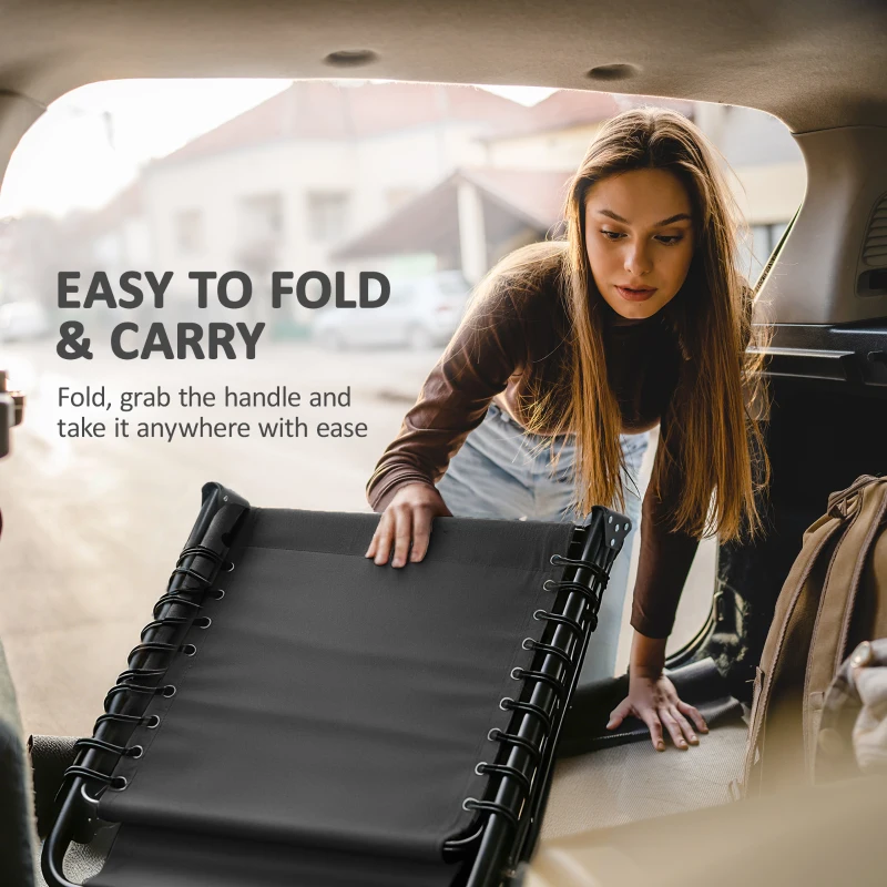 Outsunny Portable Sun Lounger, Folding Camping Bed Cot, Reclining Lounge Chair 5-position Adjustable Backrest with Side Pocket, Pillow for Patio Garden Beach Pool, Black