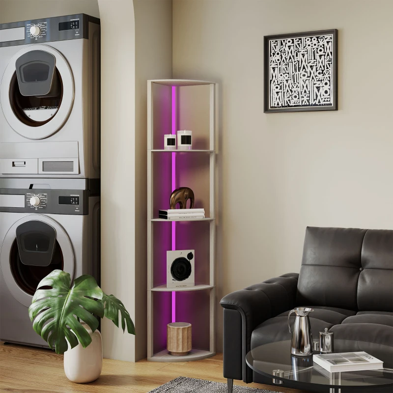 HOMCOM RGB LED Floor Lamp with Shelves, 5-Tier Dimmable Standing Lamp with Adjustable Brightness and Remote Control, Modern Corner Display Shelf Unit for Living Room Bedroom Office, Oak