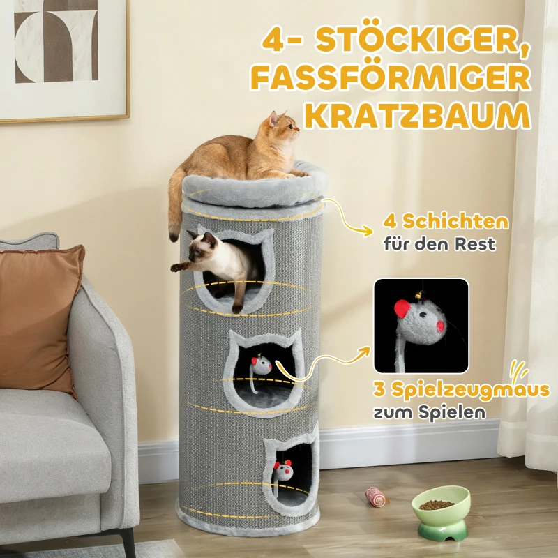 PawHut Katzenkratzfass, 96 cm, 4-Ebenen-Katzenturm mit waschbarem Bett, 3 Schlafhöhlen, Hängespielzeug, für mehrere Katzen Grau