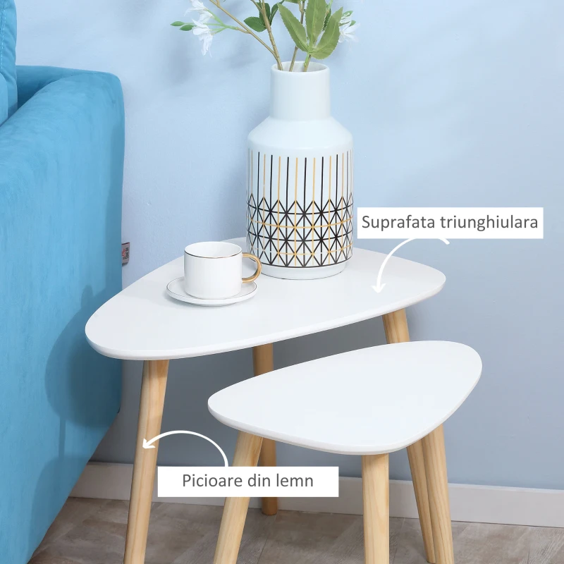 HOMCOM Set de 2 masute laterale moderne, mese cuib triunghiulare, noptiere, masuta de cafea