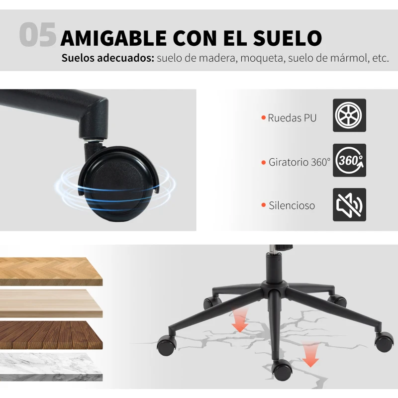 HOMCOM Silla de Oficina con Asiento Ancho sin Reposabrazos Ruedas Altura Ajustable Giratoria Función Basculante Gris